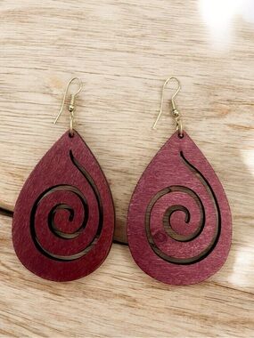 Burgundy Red Wooden Carved Earrings